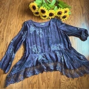 Tempo Paris Silk & Viscose Purple Flowy Layered Handkerchief Hem Top, EUC, Large